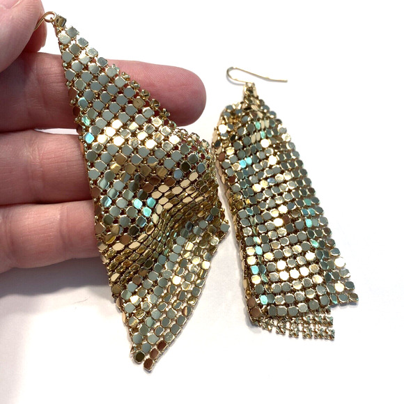 Vintage Pierced Earrings Liquid Gold Tone Mesh Fluid Look Dangle & Drop Disco - Picture 4 of 6